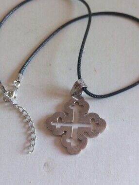 Vintage Sterling Silver Maltese Cross Pendant Black Cord Necklace 17 -19" Long